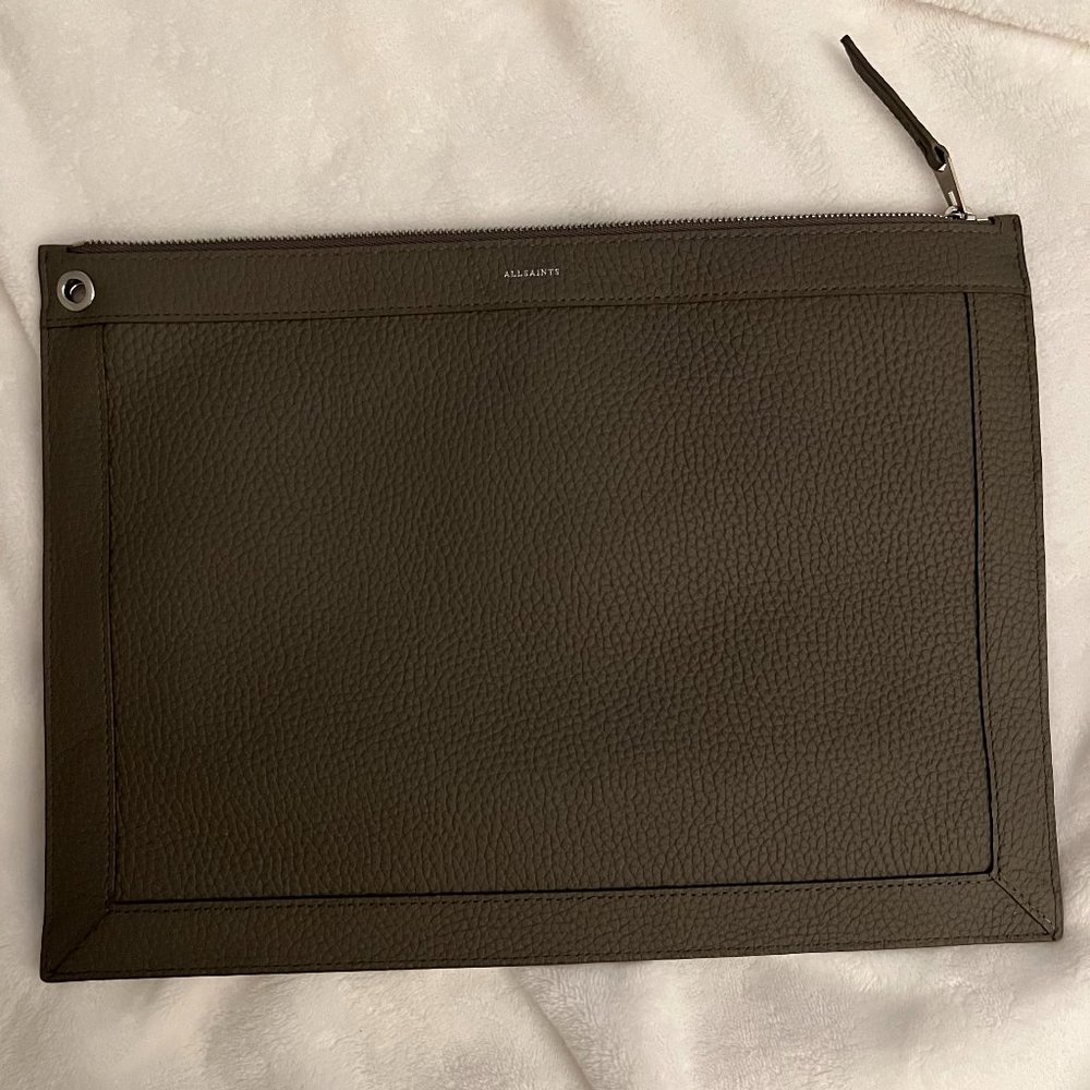 Brand NEW All Saints Captain Lea Leather Clutch Storm Grey